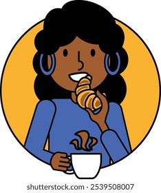 Vector illustration of a lady enjoying a steaming cup of coffee while sitting in a cozy cafe and eating a croissant in outline cartoon style. Relaxed and content scene
