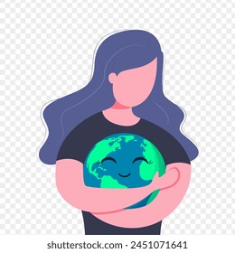 Vector illustration of a lady holding earth in her arms on transparent background