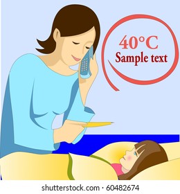 Vector illustration of lady mother measuring temperature to her ill daughter with high fever maybe due to the flu The mother is calling the doctor at the phone