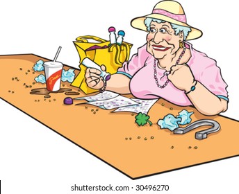 Vector illustration of lady playing bingo.