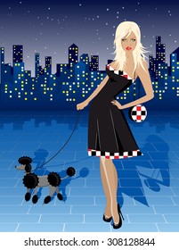 Vector illustration of a lady with poodle at night with cityscape in the back.