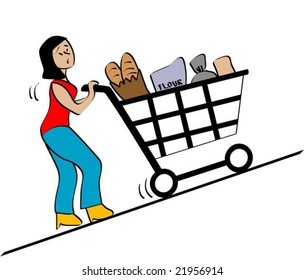 Vector illustration a lady pushing grocery cart