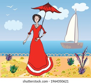 Vector illustration of lady in red dress with umbrella walking on sea embankment on summer day