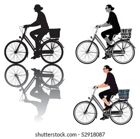 Vector illustration of a lady riding bicycle. For usage choice are 3 versions: with shadow, color and black and white. Same lady rider.