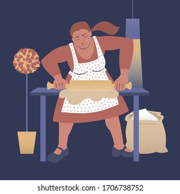 Vector illustration with a lady rolling out the dough for baking. Great for illustrating home activities and hobbies.
