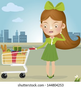 vector illustration of lady in salwar suit with shopping cart