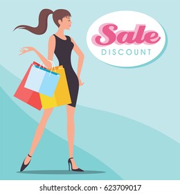 vector illustration of lady with shopping bag on backdrop