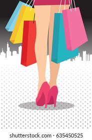 vector illustration of lady with shopping bag on backdrop