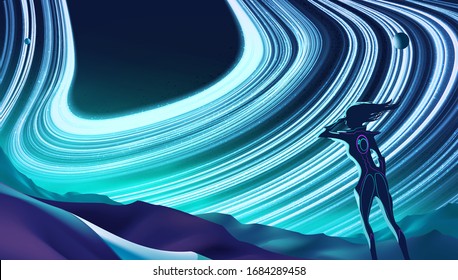 A vector illustration of the lady standing on the peak of the mountain and looking up to the sky, at which there is the massive gravity field from the very close black hole.