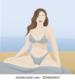 Vector illustration of lady in a swimsuit by the sea beach