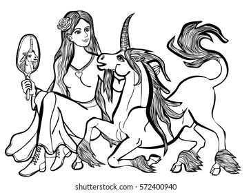 Vector illustration of lady and unicorn looking at mirror black and white