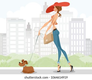 Vector illustration of a lady walking with a dog