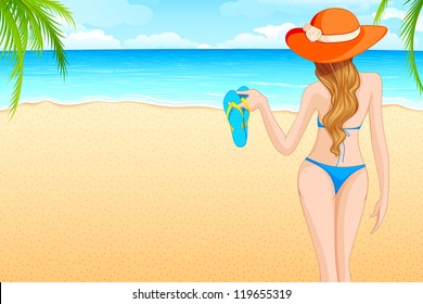 vector illustration of lady walking on sea beach
