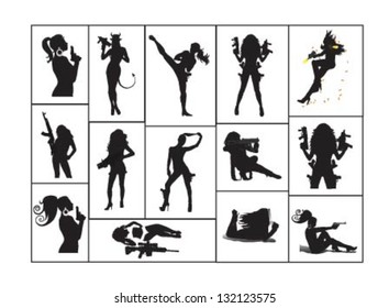 Vector illustration of lady with weapons.