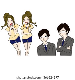 Vector illustration of lady wearing yellow clothes  and diligent man.