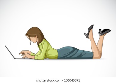 vector illustration of lady working on laptop while laying on floor