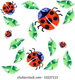Vector illustration of ladybirds and green leaves on a white background