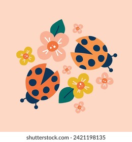 Vector illustration with ladybug and flowers in a modern style. Perfect for decor and children's textiles