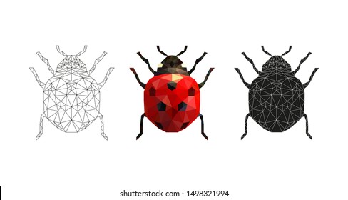 Vector illustration of a ladybug in low poly style. 3 isolated illustrations on a white background: linear, color, silhouette. Geometric ladybug made of triangles. Polygonal illustration.