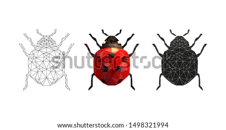 Vector illustration of a ladybug in low poly style. 3 isolated illustrations on a white background: linear, color, silhouette. Geometric ladybug made of triangles. Polygonal illustration.