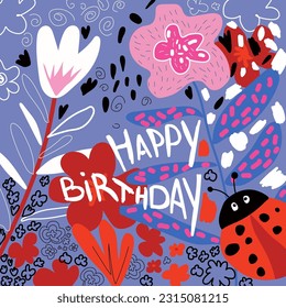 Vector illustration with a ladybug on a blue background and with white and pink flowers. Postcard hand-drawn in children's style. Happy Birthday.