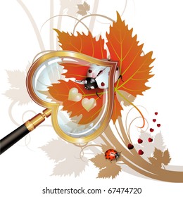 Vector illustration of a ladybug on leaf seen by a magnifying glass
