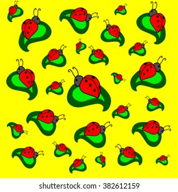 Vector Illustration. Ladybugs on green leaves on yellow background.