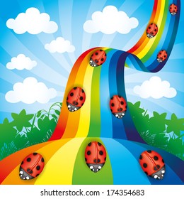 Vector illustration. Ladybugs on the rainbow.