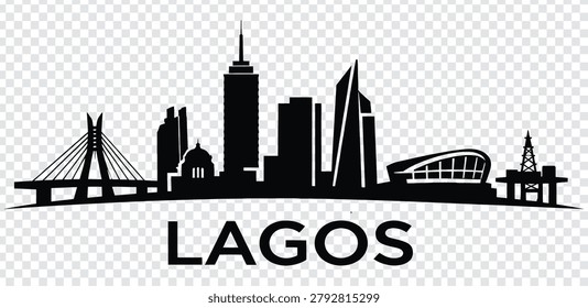 Vector illustration of the Lagos city skyline, featuring iconic landmarks and buildings in a clean, minimalist silhouette design.