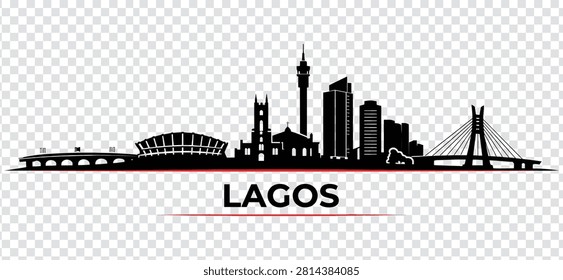 Vector illustration of Lagos city skyline, featuring iconic landmarks and modern architecture, isolated on a transparent background.