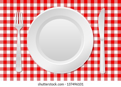 vector illustration of a laid table with an empty plate and checkered tablecloth