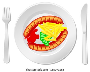 vector illustration of a laid table with sausage, french fries and ketchup