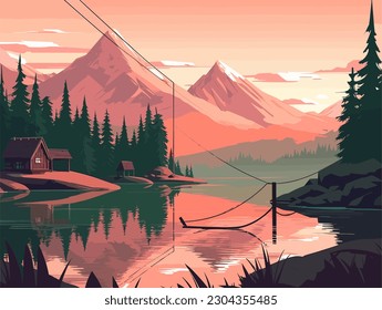 Vector illustration of a lake with a background of mountains and forests. Landscape Illustration.