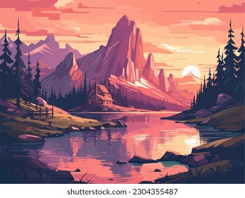 Vector illustration of a lake with a background of mountains and forests. Landscape Illustration.