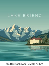 Vektorgrafik. Brienzersee Schweiz. Reisebanner, Poster, Umschlag, Postkarte. Modernes Design. Reisen, Tourismus, Natur.