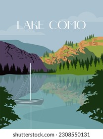 Vector illustration of Lake Como, Italy. Design for poster, postcard, banner. Travel guide cover design.