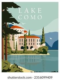 Vector illustration, Lake Como, Italy, Europe. Travel poster design. Travel postcard, travel guide, design for print. Travel Europe, tourism.