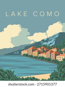 Ilustração vetorial. Lago de Como, Itália. Cartaz, cartão postal de viagem, faixa, capa. Turismo.