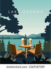 Vector illustration Lake George New York. Tourist poster, banner, postcard. 