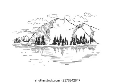 Vector Illustration With Lake And Hills. Hand Drawn Mountain Landscape. Sketch Of Scenery With Reflection On Water.