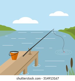 Vector illustration of lake landscape with pier, fishing rod, bucket and reeds. Flat design. Concept for fishing, outdoor vacation, hobby and relaxation.