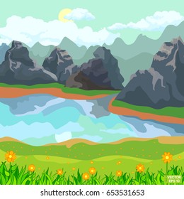 Vector illustration. A lake in the mountains and a meadow with flowers. Summer landscape. Rocky landscapes