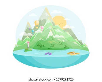 Vector illustration Lake in the mountains on the sunrise with boats, lighthouse and aerostats