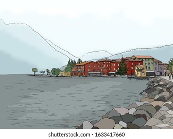 Vector illustration of lake and mountains view - town of Torbole on Lago di Garda waterfront view, Trentino Alto Adige region of Italy. Watercolor textured.