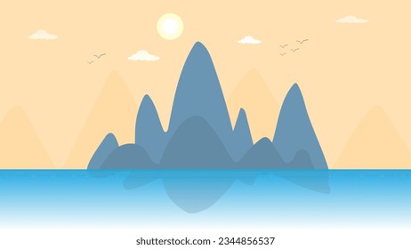 Vector illustration lake in nature and mountain with beautiful sunshine landscape