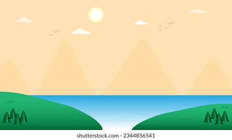 Vector ilustración lago en la naturaleza y montaña con hermoso paisaje de sol