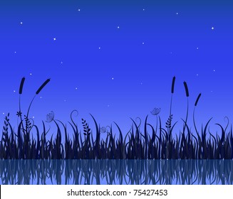 Vector Illustration of Lake Night Scene With Grass Silhouette