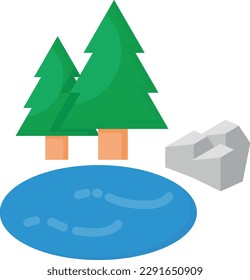 Vector illustration of a lake with pine trees and rocks.