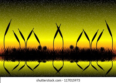 Vector illustration of lake  scene with grass silhouette at sunset