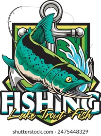 Vector Illustration of Lake Trout Fish with Fishing Rod, Anchor and Waves with Vintage Illustration Available for Fishing Logo